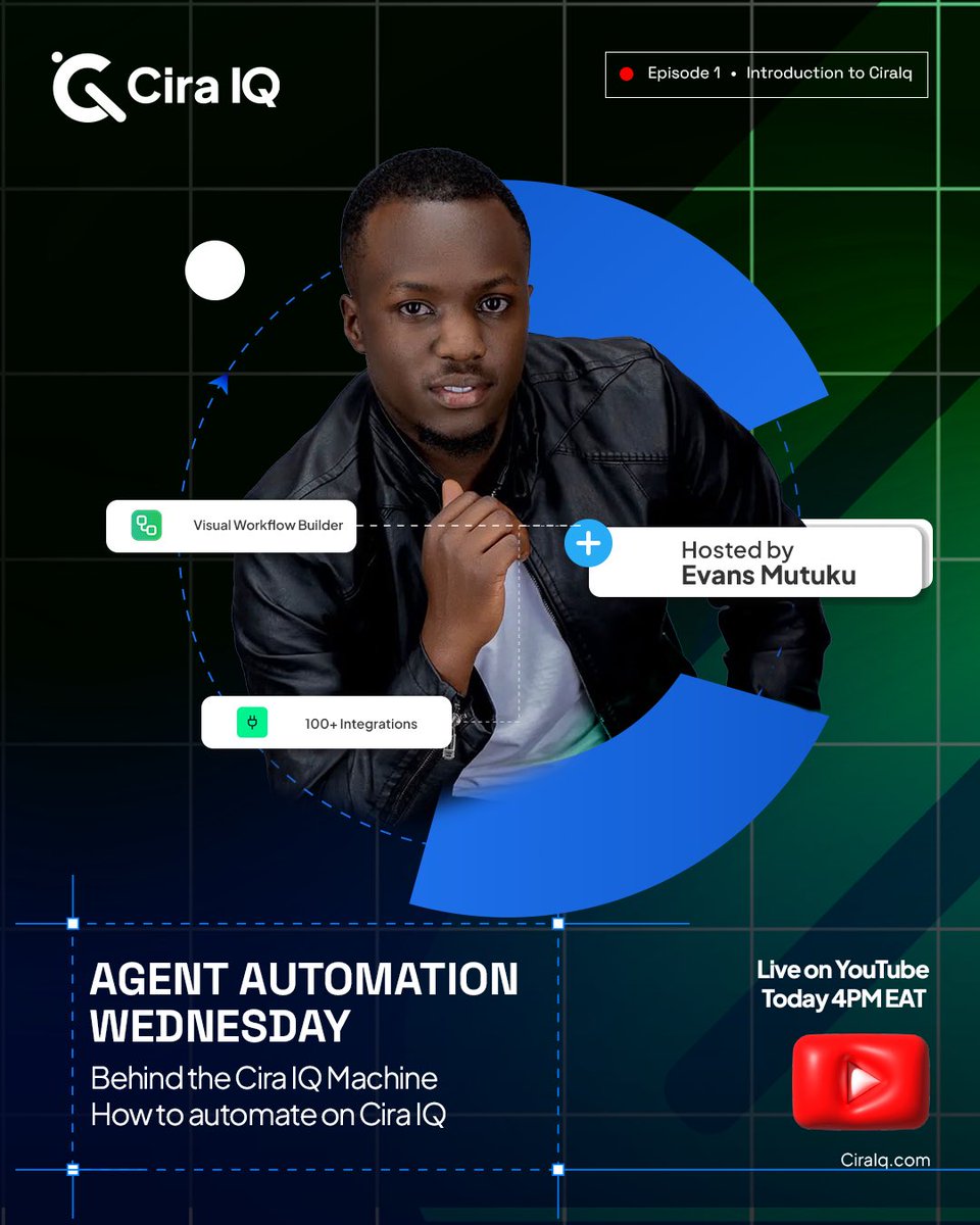 ciraiq_'s tweet photo. Today at 4PM EAT. Be there. Watch live.

We go live for the very first Agent Automation Wednesday

EP 1: Behind the Cira IQ Machine

We’re opening up the system and showing you how to automate on Cira IQ, live

Set reminder: https://t.co/R7fDX4Phiy

We are Cira IQ.

#AAWC #agents https://t.co/sHAyRflW3n