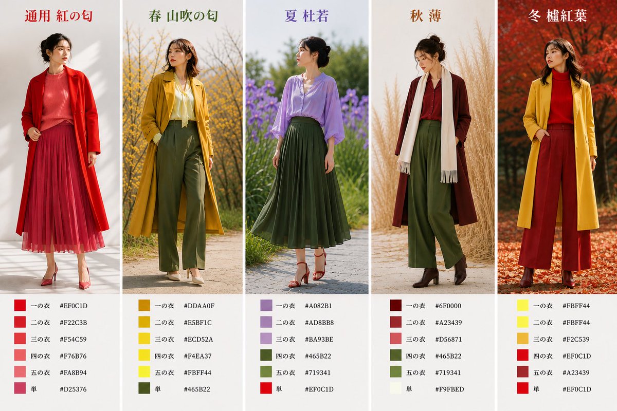 千年前のセンスが凄すぎる。

平安時代の「色合わせ」を現代の服に取り入れると、驚くほどお洒落でした。

紅の匂、山吹の匂、杜若、薄、櫨紅葉。

季節を纏う平安貴族の美学は、令和の今も現役で通用します。