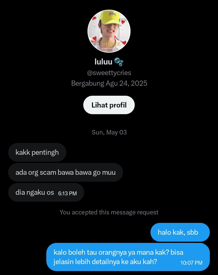 ‼️HELP RT‼️

SCAMMER GUYS! JADIIN GO AKU BUAT BAHAN NIPU ORANG LAIN &amp; OS PC YANG KATANYA UDAH DI BAYAR LUNAS PADAHAL BELUM. HATI HATI GUYS KALO KETEMU ORANG INI, JANGAN LANGSUNG PERCAYA DAN MAU TAKE OS AN DARI DIA.