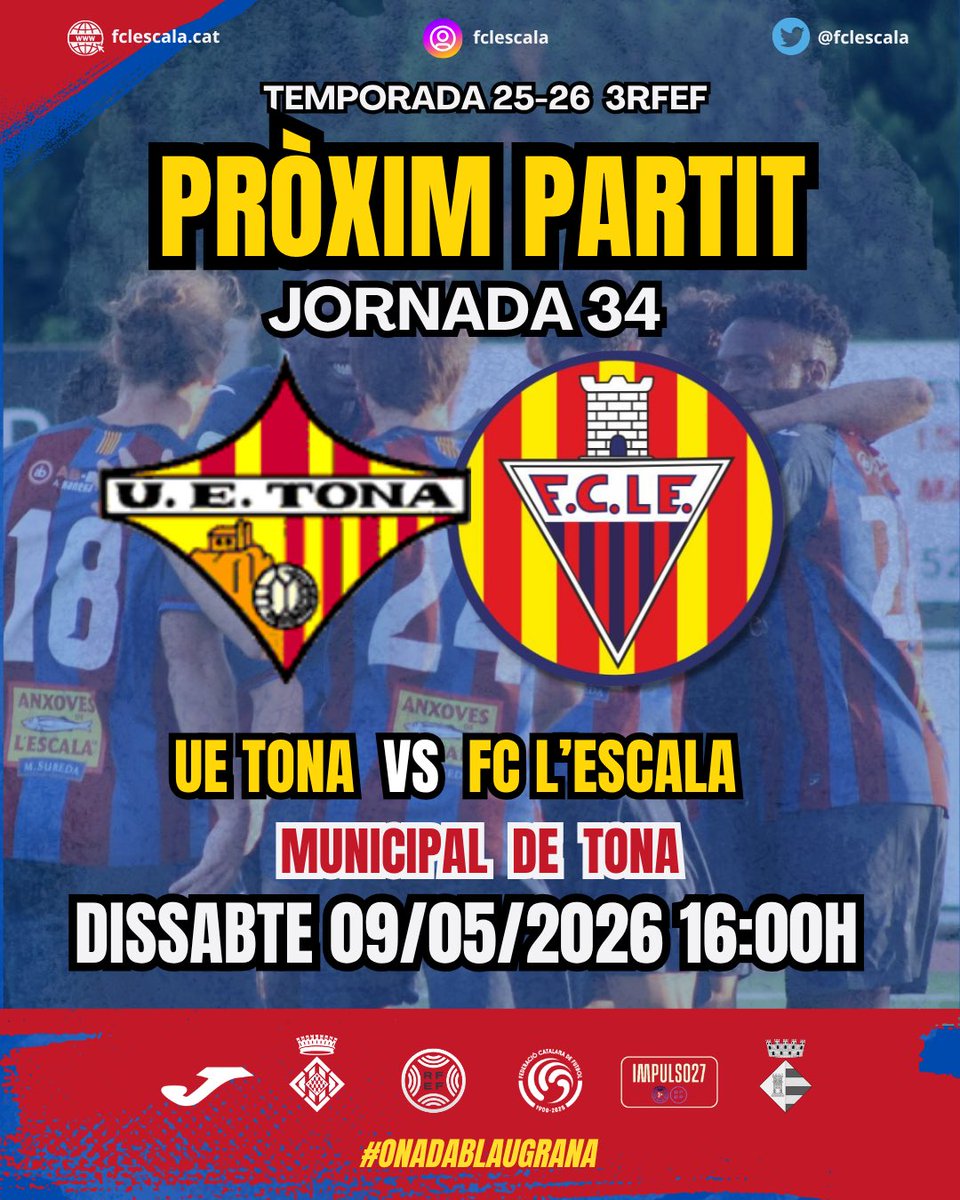 FCLESCALA's tweet photo. 𝐏𝐑Ò𝐗𝐈𝐌 𝐏𝐀𝐑𝐓𝐈𝐓

🗓 𝐃𝐈𝐒𝐒𝐀𝐁𝐓𝐄 𝟎𝟗/𝟎𝟓
🏆 𝟑𝐑𝐅𝐄𝐅 | 𝐉𝐎𝐑𝐍𝐀𝐃𝐀 𝟑𝟒
🕖 𝟏𝟔:𝟎𝟎𝐇
🆚 @FundacioUETona 
🏟️ 𝐌𝐔𝐍𝐈𝐂𝐈𝐏𝐀𝐋 𝐃𝐄 𝐓𝐎𝐍𝐀
#tonalescala #3rfef5 #onadablaugrana https://t.co/shCTl3zTRC