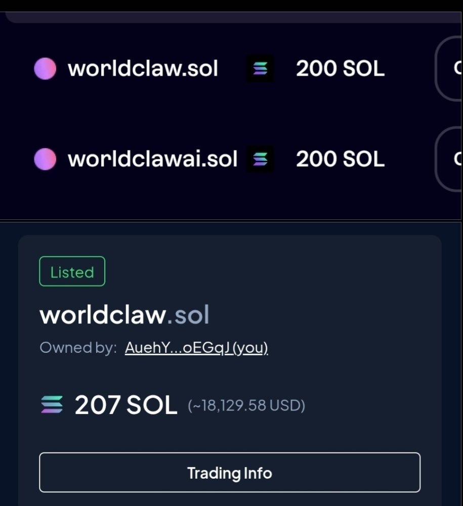 Gn $WLFI 🌙

We’ve acquired @SNS domains on Solana:• WorldClaw.sol• WorldClawAI.sol

💰 Valued at 200 $SOL each

They will be DONATED to the Moon Eagle community 🦅In a couple of hours we’ll reveal the distribution mechanics 👀🔥

Are you ready? 🚀