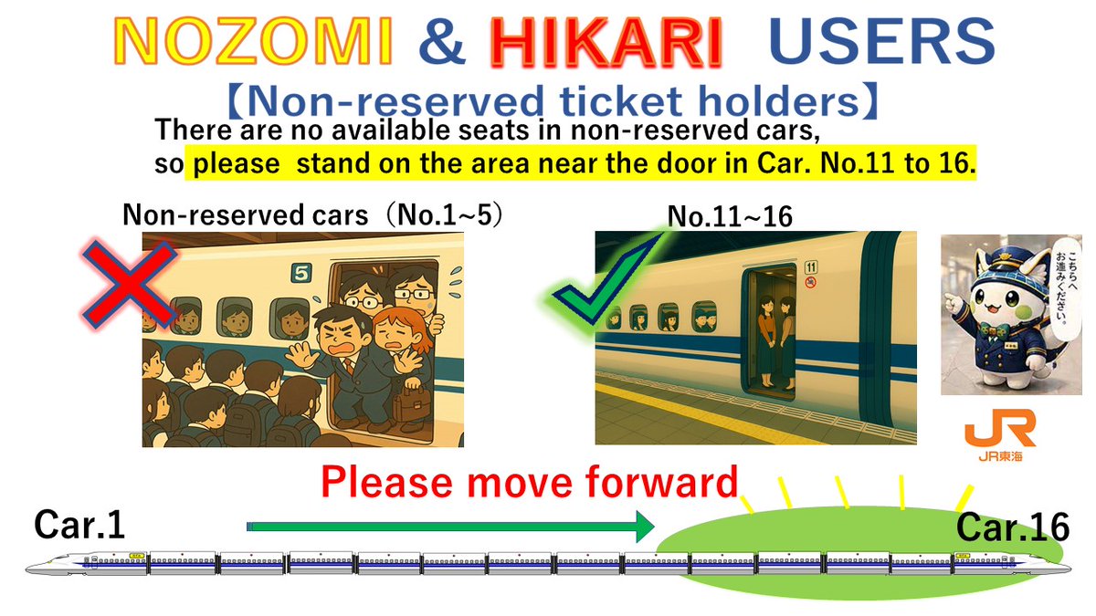 5/6（水）京都駅ご利用のお客様へ東京方面への指定席は終日満席となっております。（15：00現在）また、ひかり号の自由席は京都駅までに多くのお客様の利用があり、京都駅ではコンコース内の放送やホーム上での放送で指定席号車のデッキへの誘導案内を実施しております。#京都駅　#新幹線　#ＧＷ