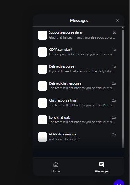 DavidPersson_B's tweet photo. Ps I checked. There is no active sub. They also never removed any single data if you been suspended. They won't respond.
They are hiding PlutusAI chats after 14 days. Chats been thanos snapped.
@plutus @Plutus_Support @PlutusGB @PlutusEU @PlutusYogi #Plutus #PLU #PLUS https://t.co/mTpJtM9y3Q