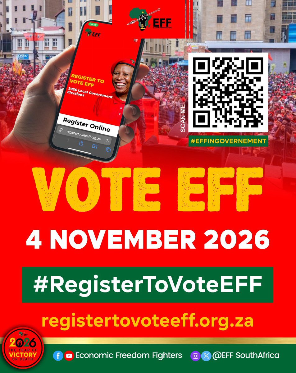 When you do not vote, you surrender your power to others and allow decisions about your life to be made without your participation.

Register To Vote EFF In The 2026 Local Government Elections To Be Held On The 4th of November 2026

Link: registertovoteeff.org.za