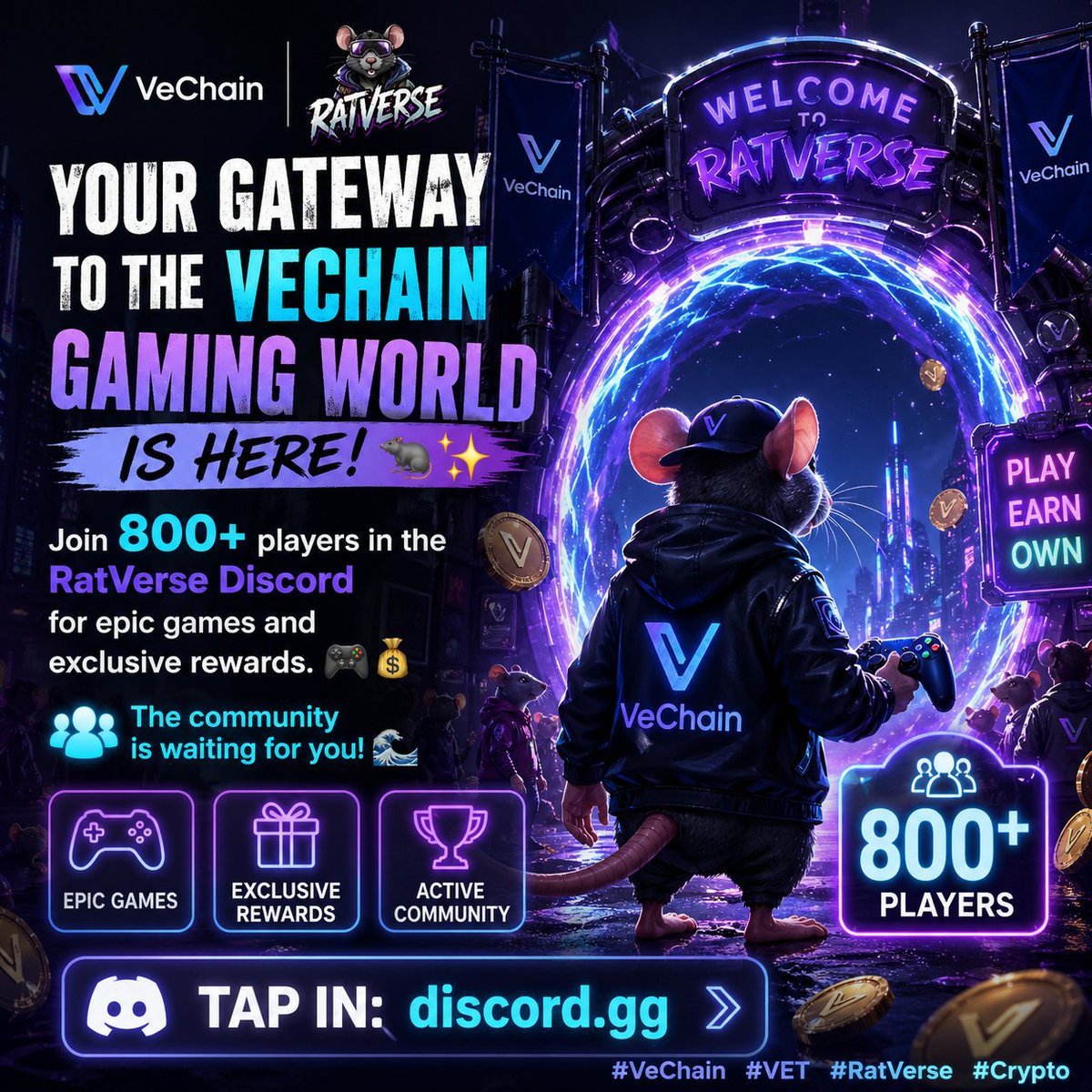 hadis040560871's tweet photo. Your gateway to the VeChain gaming world is here! 🐀✨ Join 800+ players in the @RatVerseio Discord for epic games and exclusive rewards. 🎮💰The community is waiting for you! 🌊🔗 Tap in:
https://t.co/KTbpxqjA8E #VeChain #VET #RatVerse #Crypto https://t.co/63RPEiOwja