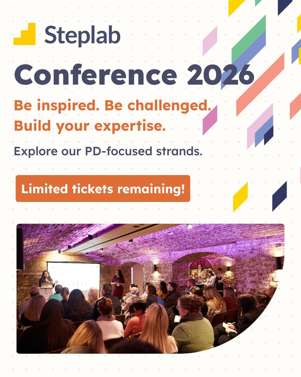 Steplab_co's tweet photo. 🎓 What does great PD look like in practice?

At Steplab Conference 2026, hear from school & trust leaders.

📚 Great PD | 🎓 Leading great PD (two of four strands)

📅 19 June | London
🎟️ https://t.co/TZk8G1FS2X

@SiobhanMered123, @mradamkohlbeck, @NLad84, @teacherhead, @PepsMccrea, @Josh_CPD, @Anyarthomas, @Barker_J, @sarah1daniel, @MrElliotHahn