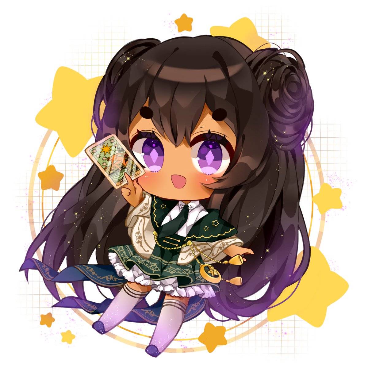 Seshiria's tweet photo. @nomi_choochoo I would love to be considered! I started streaming as a vtuber just last month. My goal is to stream daily but due to a fragile immune system, I’m working my way up to streaming 3x a week. I’m using a vroid model right now but here’s my tarot card loving Star themed OC. THANK YOU https://t.co/8C5n3g6MD3
