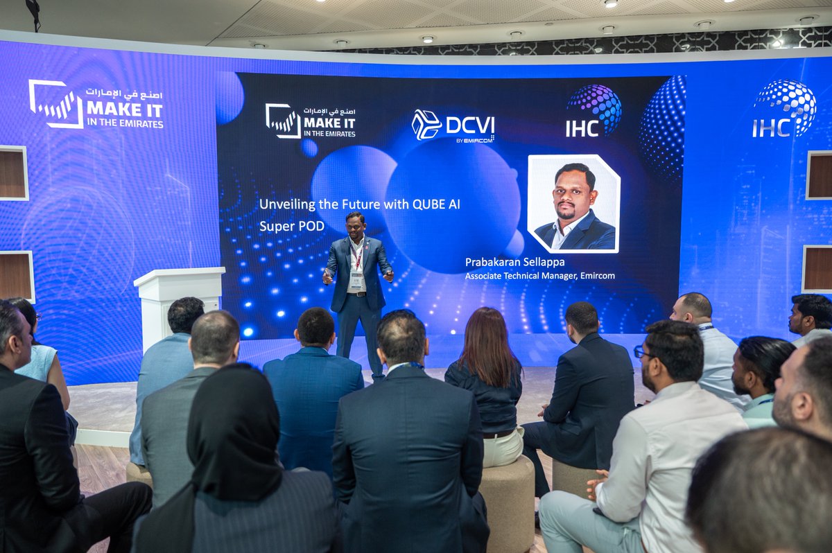 Emircom_me's tweet photo. Day 2 at Make it in the Emirates and the floor hit a different gear.

The stand drew a strong crowd from the start and among those who stopped by, His Excellency Dr. Mohamed Al Kuwaiti, Head of the cybersecurity council. A visit that set the tone for the kind of day it turned out to be.

The conversations kept building. Prabakaran Sellappa Associate Technical Manager at DCVI by Emircom, took the stage to unveil the Qube AI SuperPod; a patented technology by DCVI that moves intelligent infrastructure from concept to deliverable.

By the time the signing ceremony with Bridge Consulting came around, it felt like the right way to close a day that was built around exactly that. Building the right partnerships, in the right room, at the right time.

Day 3 tomorrow. Come see what we have left to show. IHC Pavilion, Hall 5.

#MakeItInTheEmirates #DCVbyEmircom #DataCenter #UAE