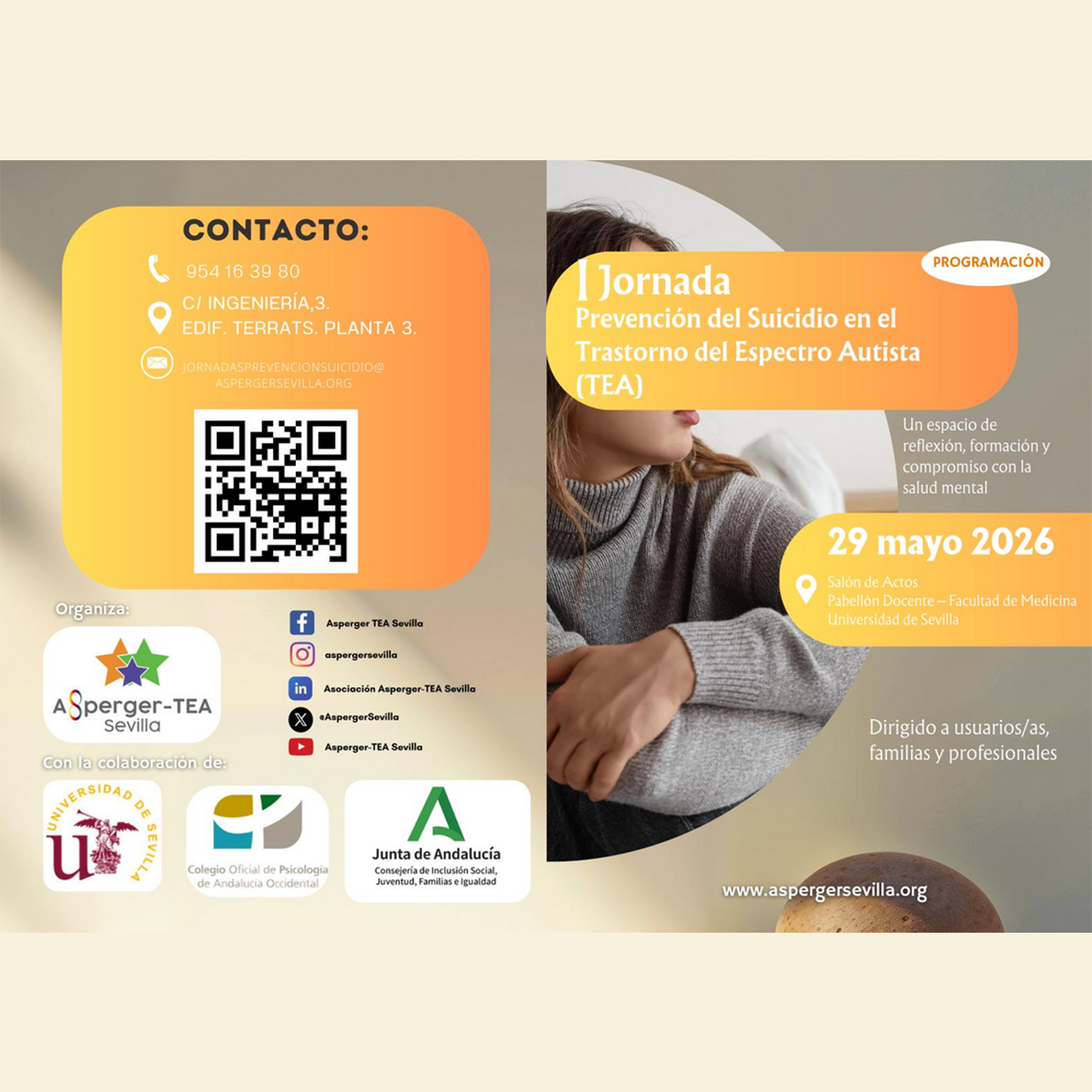 COP_AO's tweet photo. ✔ I Jornada "Prevención del #Suicidio en el Trastorno del #EspectroAutista #TEA   
🙋‍♀️🙋‍♂️ ¡Ya puedes inscribirte! 
👥 Dirigida a usuarias/os, familias y profesionales
Desde el @COP_AO colaboramos con @AspergerSevilla  en esta iniciativa.
+ℹ 👇
https://t.co/IDgvEMdjVr https://t.co/2pfiCxKgSZ