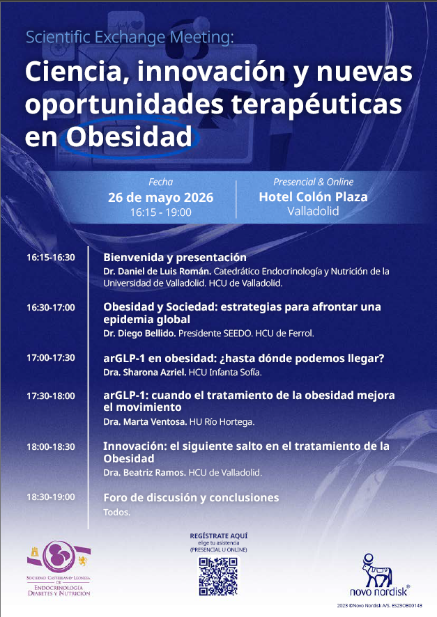 SCLEDyN's tweet photo. 📢 @SCLEDYN os invitamos a:

🧠 “Ciencia, innovación y nuevas oportunidades terapéuticas en Obesidad”

📅 26 mayo 2026
📍 Valladolid | Presencial &amp; online

🔗 Inscripción:
https://t.co/NLovGwtwG8 https://t.co/3Jqum6BYir