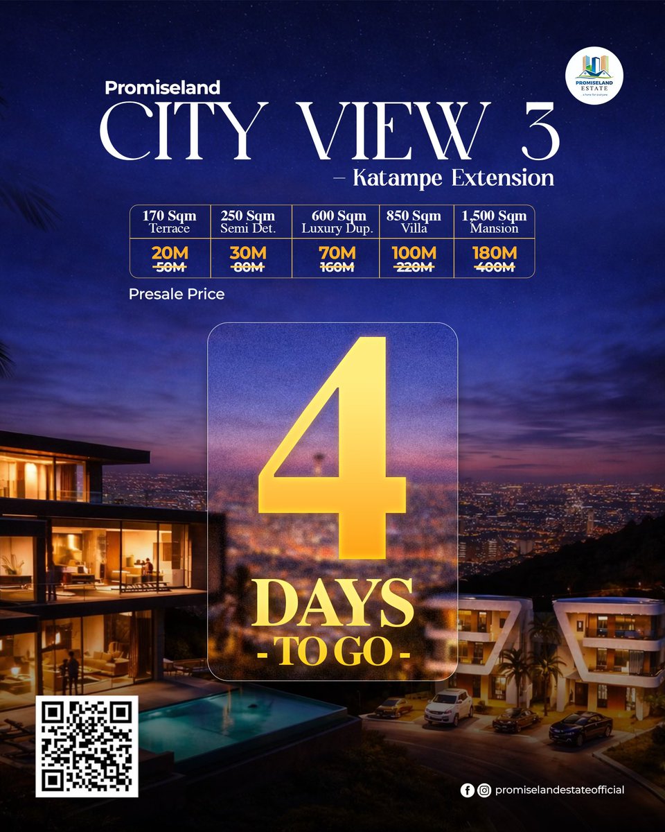 PROMISELANDPAGE's tweet photo. Only 4 days left!

Own a piece of this breathtaking view at CityView-3.
Don’t miss this rare opportunity to invest in comfort, class, and a promising future. Act now before it’s gone! https://t.co/afVDNUSQAr
