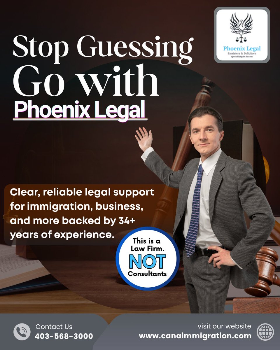 Phoenix__Legal's tweet photo. Stop guessing and choose trusted legal guidance. ⚖️🇨🇦
Phoenix Legal offers reliable support for immigration and legal matters with 34+ years of trusted experience.

🌐 Visit https://t.co/jdt2NjwkWl
📞 403-568-3000

#PhoenixLegal #CanadaImmigration #LawFirm https://t.co/M1nDUlwF9d