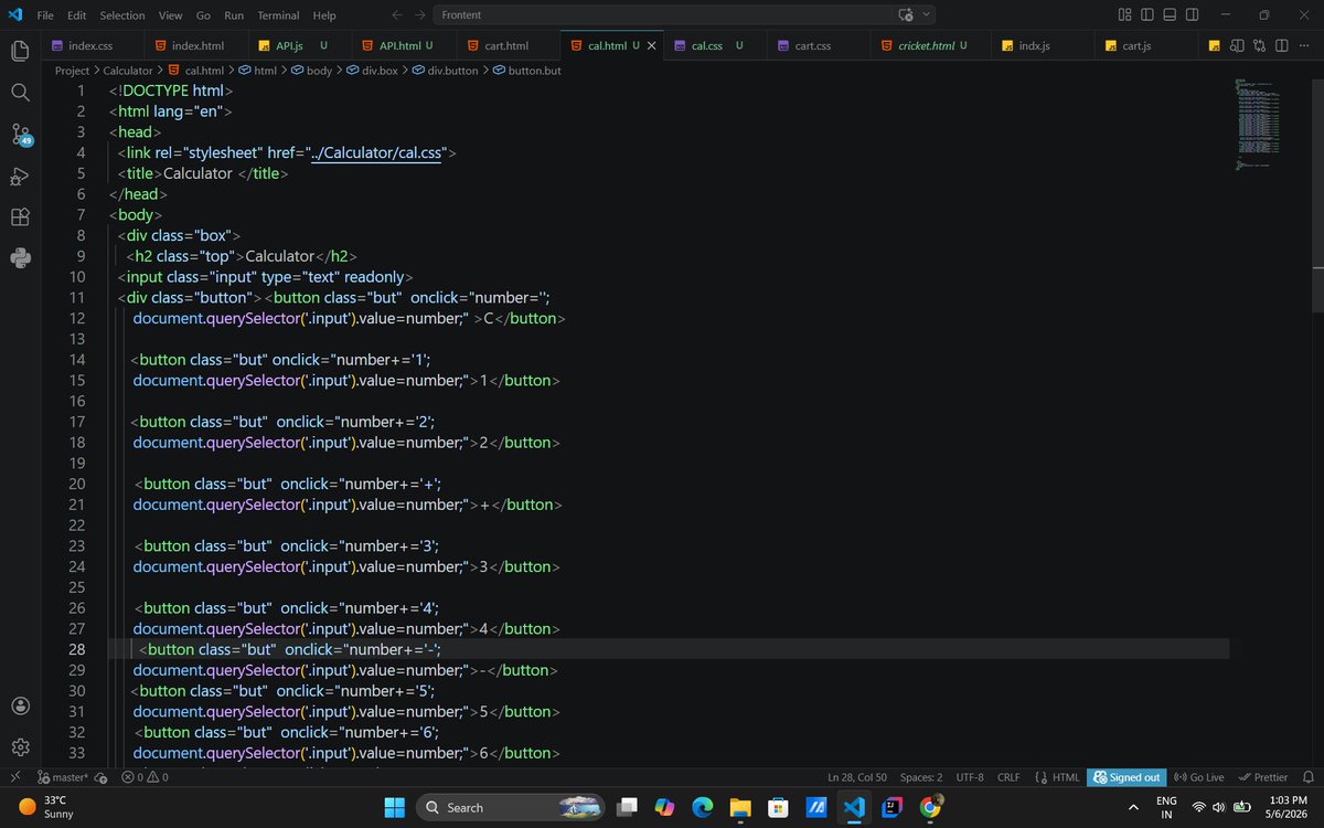Sharmatipendra_'s tweet photo. Built a basic Calculator using HTML, CSS, and JavaScript

Learning:

DOM manipulation
Handling button click events
Updating values dynamically

Still improving the logic and UI, but learned a lot while building this.

#webdev #javascript #buildinpublic https://t.co/BTdmIV4Nia