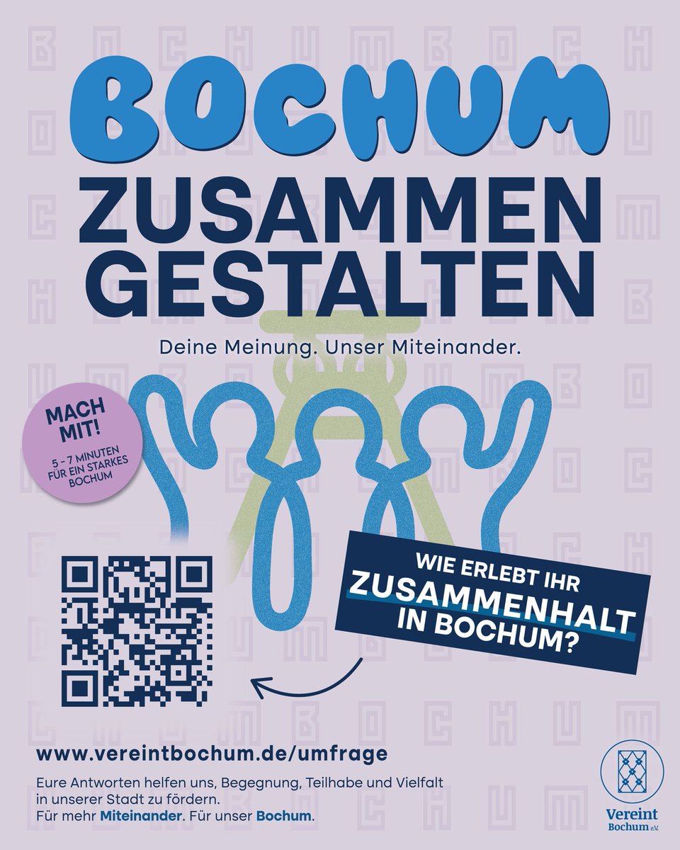 Tremark12's tweet photo. Liebe Menschen aus Bochum,
wir möchten wissen: Wie verbunden fühlt ihr euch in unserer Stadt?
Macht bitte bei unserem Stimmungsbild mit und teilt die Umfrage. Eure Antworten helfen uns, konkrete Ideen für mehr Begegnung und Miteinander zu entwickeln. 💙🤍
https://t.co/bx2RBsjB2J https://t.co/YtqSbK1H51