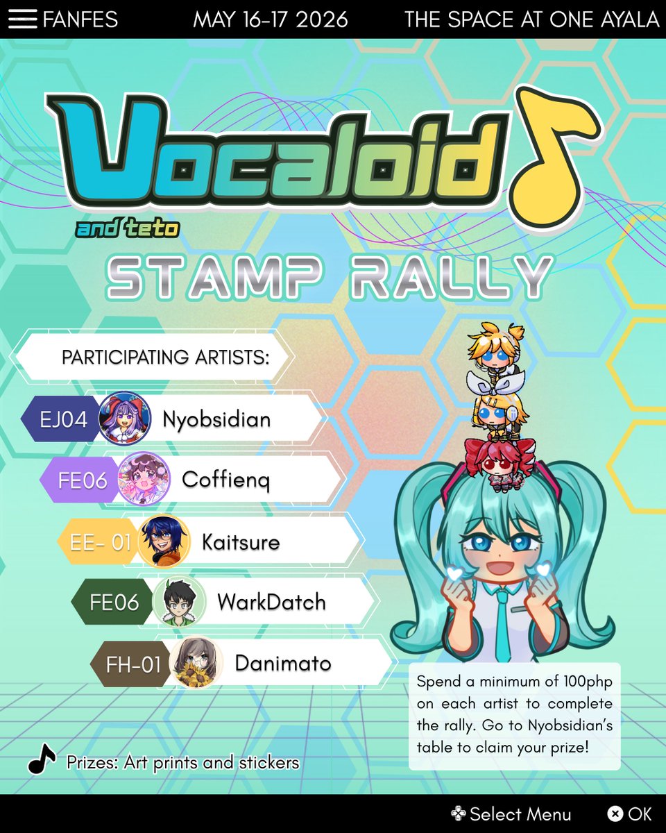 nyobsidian's tweet photo. [💜RTs] 

Wer'e hosting a vocaloid themed stamp rally this Fanfes, May 16-17!!!  🎵✨

See the map and the participant list in the replies ⬇️

📆 May 16-17, 2026
📌 The Space at One Ayala https://t.co/9778Bng1mx