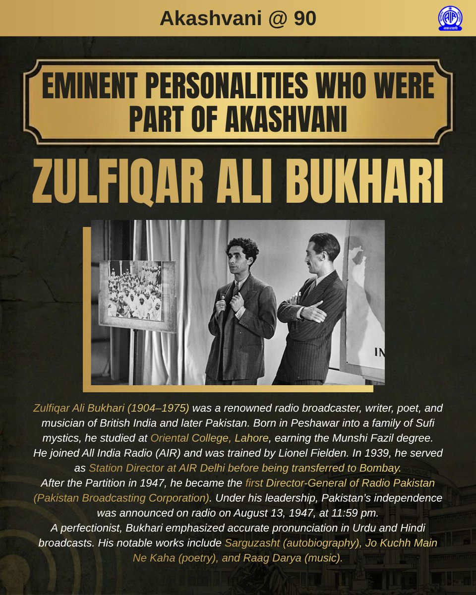 Voices that shaped the airwaves 

Zulfiqar Ali Bukhari a pioneer of broadcasting, poet, and visionary was among the eminent personalities who were part of Akashvani.

From shaping radio in undivided India to leaving a lasting legacy across borders, his story continues to inspire.