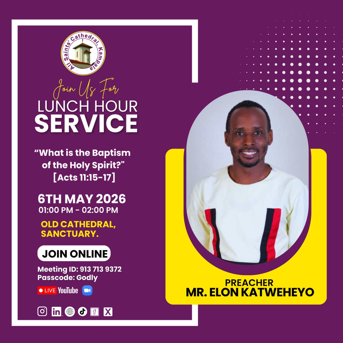 allsaintskla's tweet photo. Join us for Lunch Hour physically at the cathedral on Wednesday, 6th May 2026 at 1pm. Come with a friend !!
#ASCKLunchHour #Prayer #ASCKChurchOnline https://t.co/44R7adHfMq