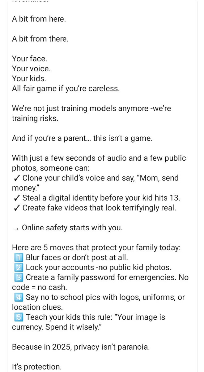 KiptenaiTom's tweet photo. Let's protect our children. The digital era combined with a careless parent, results in a brutally exposed child. The consequences are dire.
#AI #Childrenprotection #Privacy #DigitalCurrency https://t.co/hMpYA4U9Jo