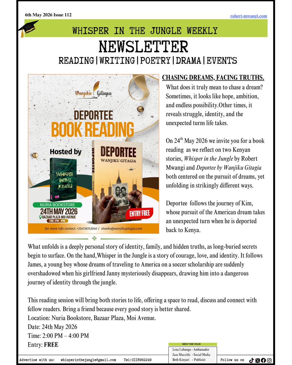 WhisperJungle's tweet photo. How to succeed as a writer in Kenya.Are you a writer, poet, or book lover in Kenya?Here is your Weekly Newsletter.Join our community of passionate readers, writers, and poets as we explore the world of words 
@Lexa_Lubanga @NuriaStore
#whisperinthejunglebook  #ReadingCulture https://t.co/cUKqyVbVW0