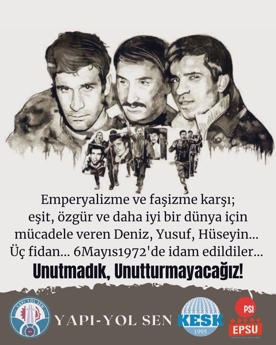 YolGenel's tweet photo. Emperyalizme ve faşizme karşı;
eşit, özgür ve daha iyi bir dünya için, özgürleştirmek istedikleri bir ülkeye hayatlarını feda eden 
Deniz Gezmiş, Yusuf Aslan ve  Hüseyin İnan’ı  idam edilişlerinin 54. Yılında saygıyla anıyoruz.

Unutmadık.
unutturmayacağız.

#6Mayıs1972 https://t.co/ao2ENtlQSi