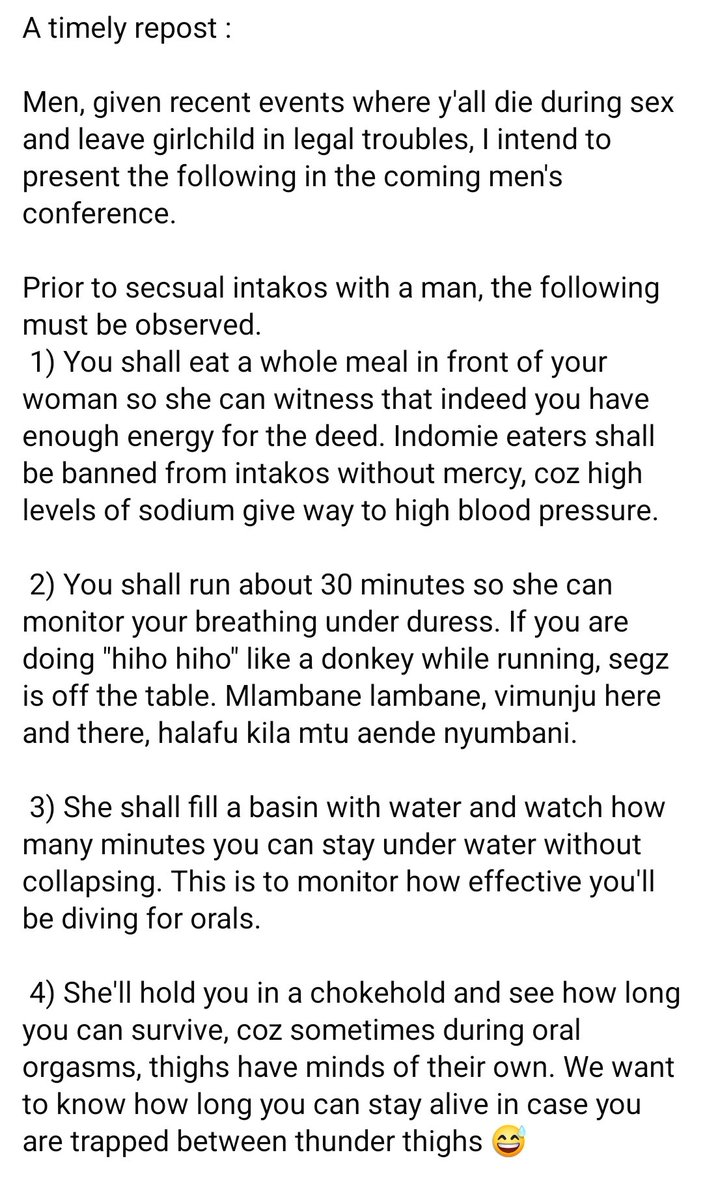 asknyaora's tweet photo. Men dying in the line of duty is fast becoming disturbingly routine.

A moment of restraint might be wiser than rushing to prove one’s coital wherewithal. 

Here is your recipe before aligning on horizontal integration. https://t.co/Xhngd5b8VX