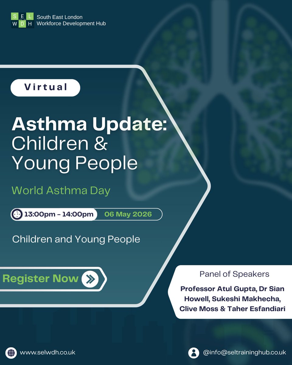 SELWDH's tweet photo. Join us today on World Asthma Day at 1pm for a focused, practical webinar on asthma in children and young people.

Wednesday 6 May | 13.00 - 14.00 | Online (Livestorm)

Hear from an expert panel, and get involved in an interactive Q&amp;A.

#WednesdayWebinar #Asthma #WorldAsthmaDay https://t.co/1XojmOGZ96