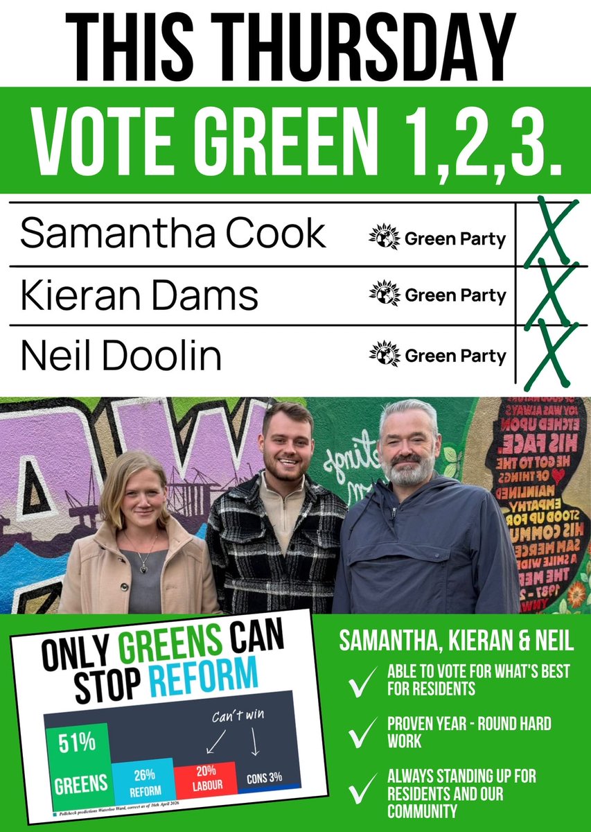 SeftonGreens's tweet photo. In Waterloo, don’t risk Reform UK by voting Labour. 

Let’s lock reform out of our community. 

Vote Green 💚 https://t.co/BnY4WwXNSU