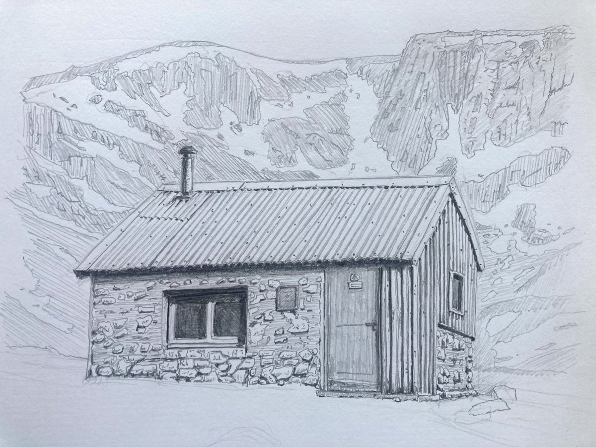 stephenoneil's tweet photo. Hutchison Memorial Hut in the Cairngorms. ✍️ Nearly finished my pencil drawing, just the foreground to finish. #bothy #drawing https://t.co/shVoRWiNiM