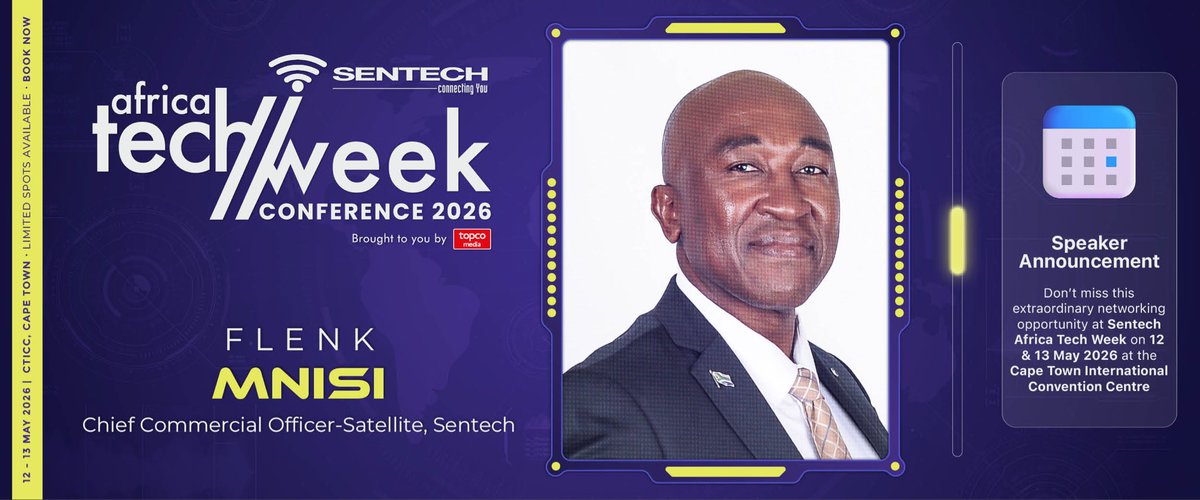 SentechLtd's tweet photo. RECOGNISED – @FlenkMnisi | CCO Satellite &amp; Interim COO, SENTECH

Leading satellite &amp; broadband infrastructure to expand connectivity and bridge the digital divide across Africa.

🎟️ Join him at #AfricaTechWeek: https://t.co/zLD6CFtyLt

#DigitalInclusion #SatelliteTechnology #ATW https://t.co/ppTkwbFPyY