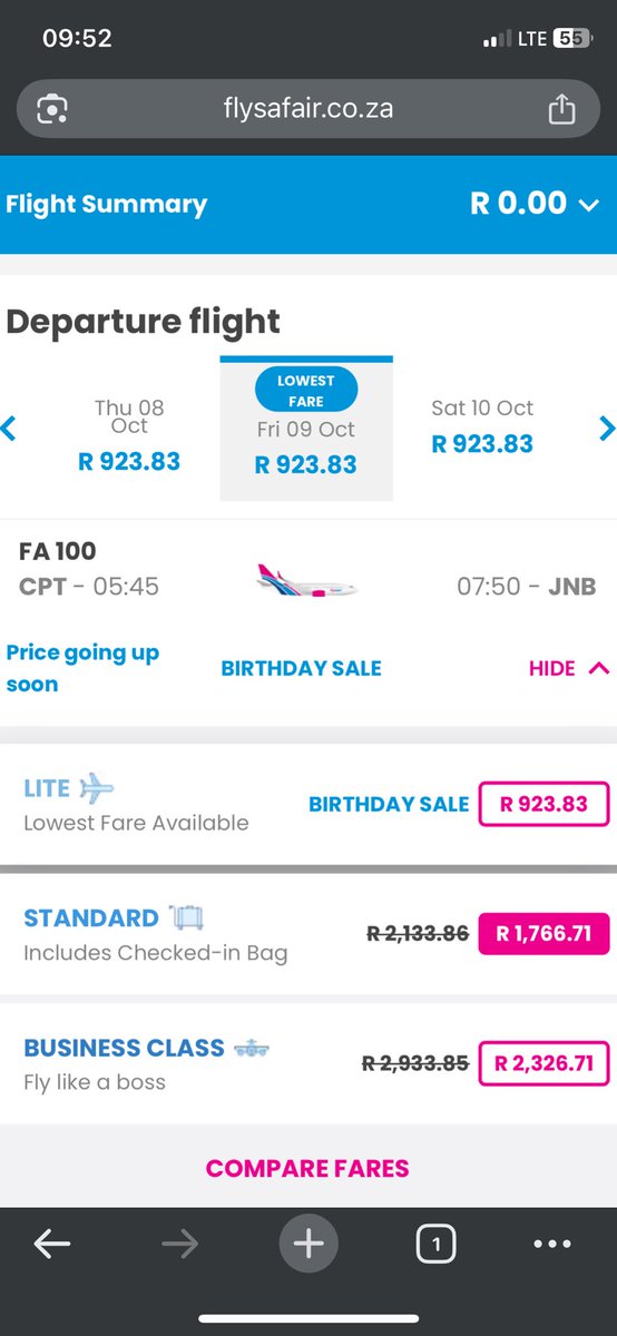 RyanWayne96's tweet photo. @FlyingFishSA @FlySafair I got in but birthday sale prices are R900 one way.. Way off a R12 sale, false advertising @FlySafair. Disappointed https://t.co/Hpv7aIxzVe
