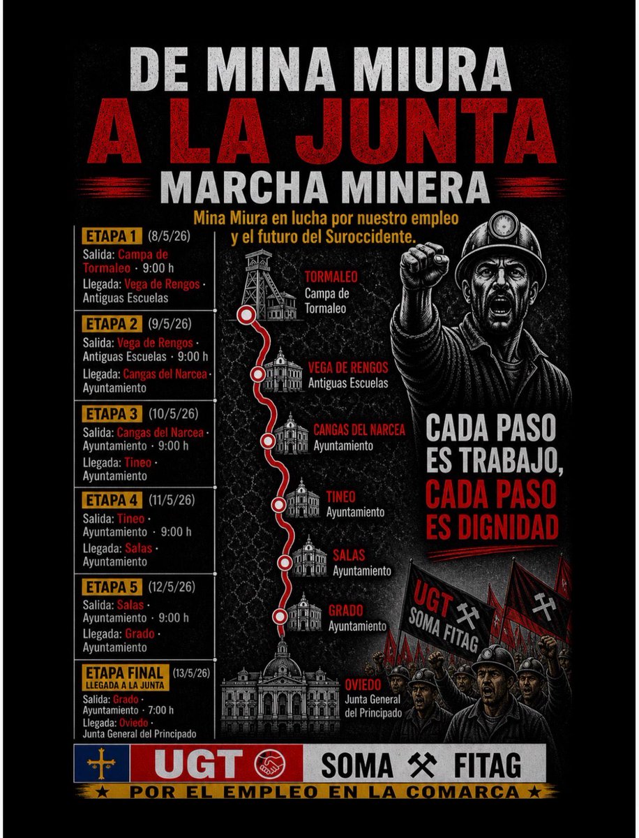 somafitagugt's tweet photo. Los mineros de Mina Miura, ante la falta de respuesta del empresario, abandonarán el encierro mañana jueves e iniciarán el viernes una marcha a pie desde la Campa de Tormaleo hasta la Junta Gral. Del Principado.
#MinaMiura https://t.co/WuR0Nx2j9n