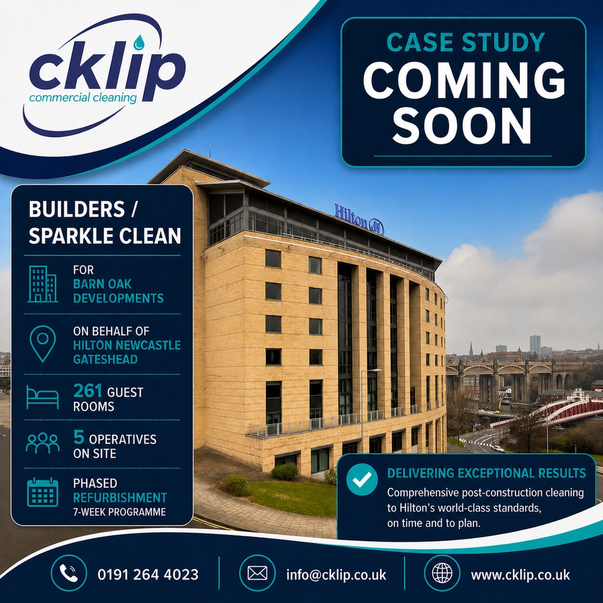 Case study coming soon.

We’re proud to have delivered a comprehensive builders / sparkle clean for Barn Oak Developments on behalf of Hilton Newcastle Gateshead as part of a phased refurbishment programme.

#CaseStudy #BuildersClean #CommercialCleaning