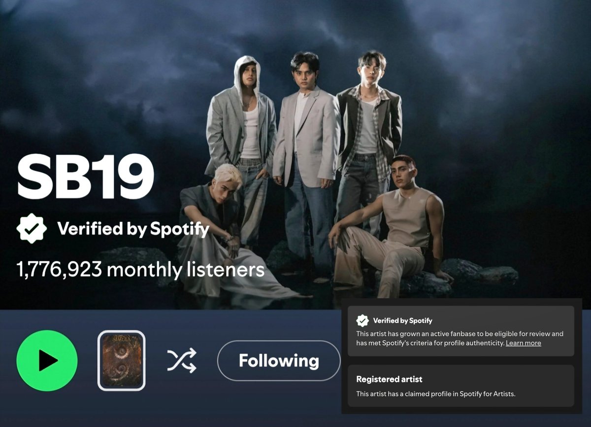 totoo nga! SB19, Spotify-verified! ✅️

"This artist has grown an active fanbase to be eligible for review and has met Spotify's criteria for profile authenticity."

<a href="/SB19Official/">SB19 Official</a> #SB19