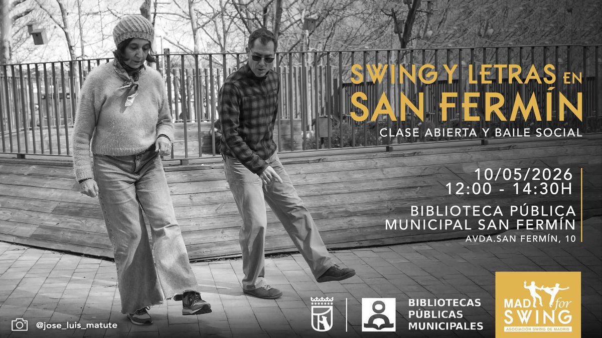 MADforSwing's tweet photo. SWING Y LETRAS EN SAN FERMIN
Domingo 10/05/26 12:00-14:30 
Entrada libre
Clase abierta y baile social 
Biblioteca Municipal San Fermín, Avda. San Fermín 10
!Os esperamos!
https://t.co/LMSSgazcUv…

#SomosMADforSwing https://t.co/F3vasjko9y