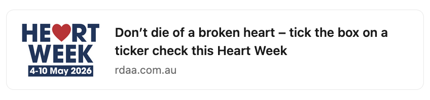RuralDoctorsAus's tweet photo. It's Heart Week! Our key message? Many heart attacks &amp; strokes can be prevented through ❤️ a healthy lifestyle ❤️ a Heart Health Check with your GP ❤️ estimating your individual risk using the @heartfoundation online Heart Age Calculator. More: https://t.co/n8xF0kBR7g #MedTwitter https://t.co/xhQTGvQ02K