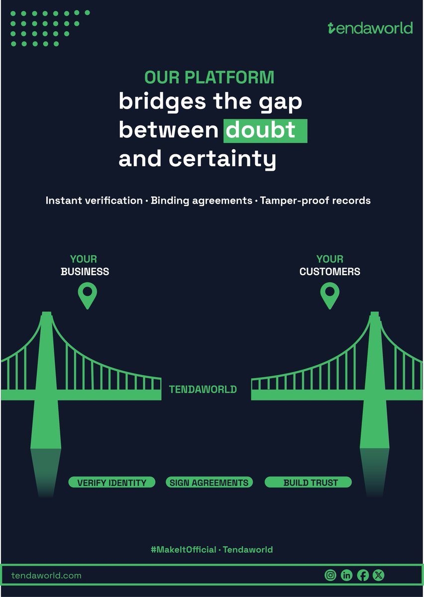 tenda_world's tweet photo. Your business on one side. Your customers on the other. The only thing missing? Trust infrastructure. Tendaworld bridges that gap. ✓ #MakeItOfficial #Tendaworld https://t.co/yuYBdWAWH5