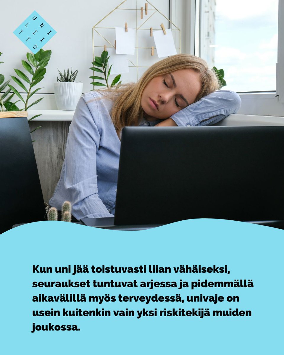 uniliitto's tweet photo. Suomessa arviolta 10–20 % aikuisväestöstä kärsii merkittävästä, noin 2 tunnin univajeesta. Yleisintä se on 40–54-vuotiailla, joista miehistä lähes kolmasosa ja naisista melkein neljäsosa koki nukkuvansa riittämättömästi, Terveystalon ye Miia Jansson kertoo. https://t.co/OH1AoU5dPd
