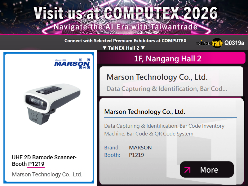 MarsonScanner's tweet photo. Discover the UHF Barcode Reader MT859UHF at the 𝟐𝟎𝟐6 COMPUTEX ICT Online Pavilion TaiNEX hall 𝟐 
P1219 will be newly launched.
👉https://t.co/HtIQz22TTq

Email: marketing@marson.com.tw https://t.co/sZXxWr1vg9