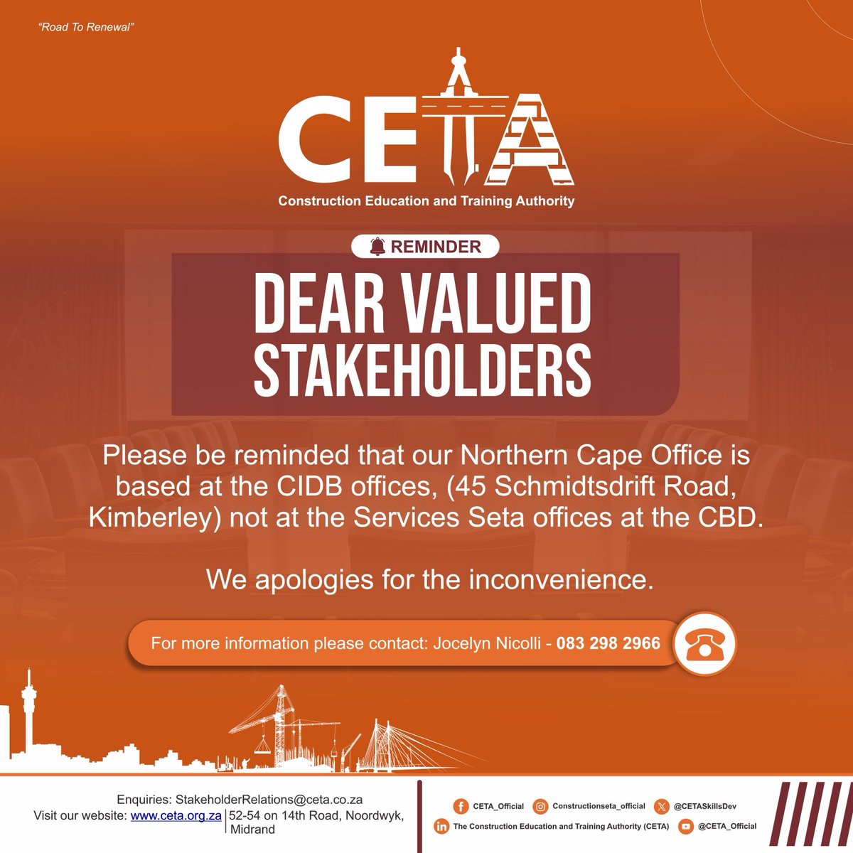 CETASkillsDev's tweet photo. Dear Valued Stakeholders 

Kindly take note of this important reminder regarding our Northern Cape office location. https://t.co/jj9RV5EvPu