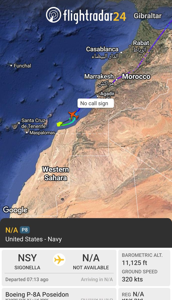 sipjack1776's tweet photo. P-8A ๐บ๐ฒ
#AE68A7 out of Sigonella operating off the coast of Morocco/Canary Islands.
@Borrowed7Time @N214WN @bob_boobs2 https://t.co/g0PI4W22Op