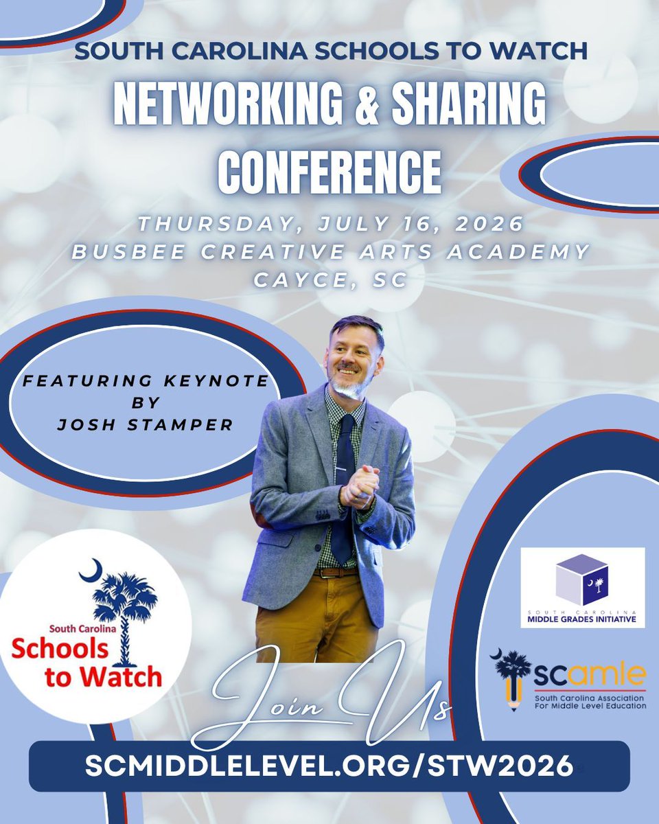 scmiddlelevel's tweet photo. Register today for the South Carolina Schools to Watch Networking and Sharing Conference on July 16, 2026! Free to the first 200 registrants. https://t.co/dqVNYWqaq9 https://t.co/PiEW3rTKWp