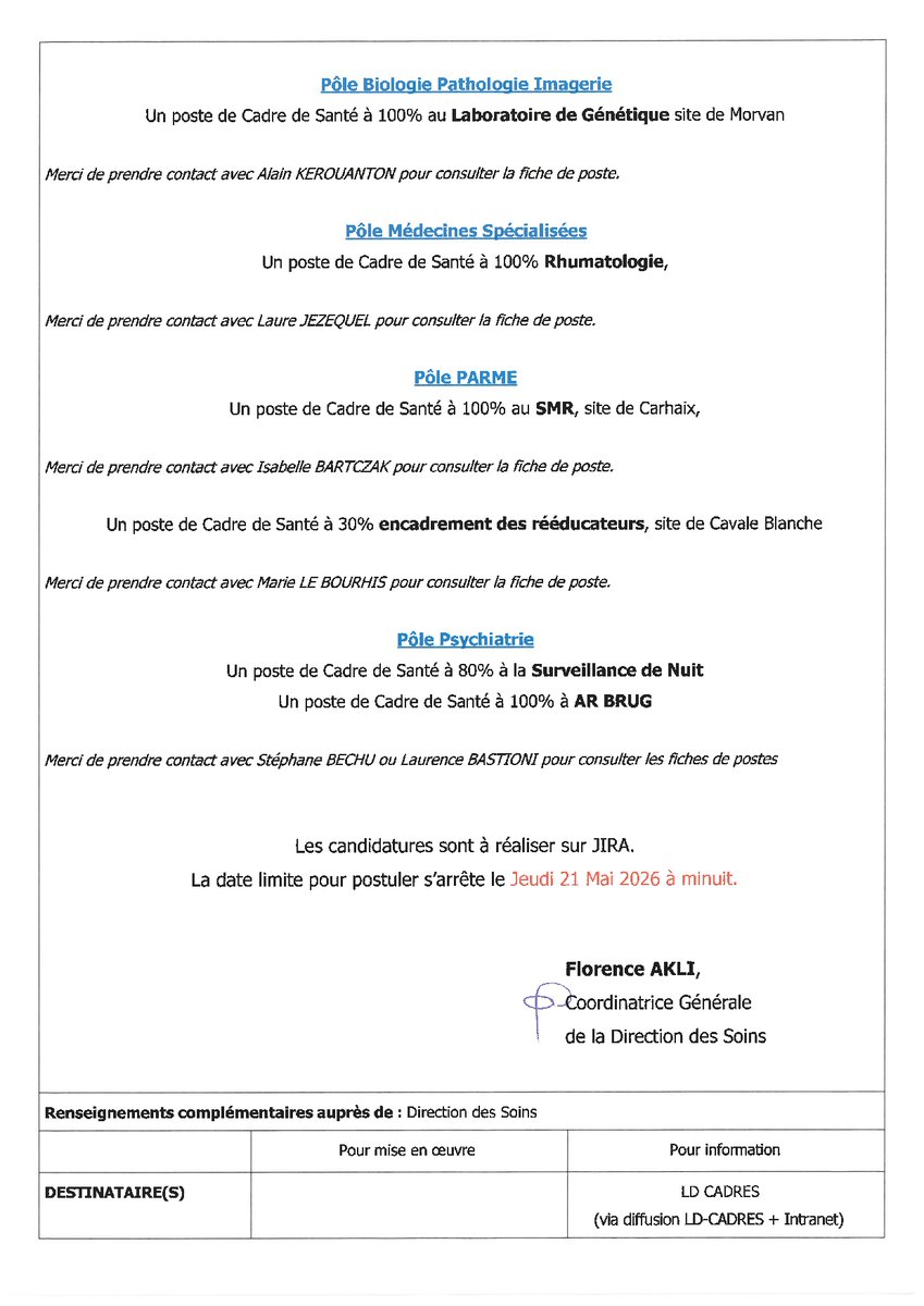 UNSACHUBrest's tweet photo. 🚦Mobilité interne CHU 🚦

🆕Vacances de postes de cadres de santé

🎯Candidatures à réaliser via l'application JIRA jusqu'au 21 mai 2026 https://t.co/iKYiT9KOFN