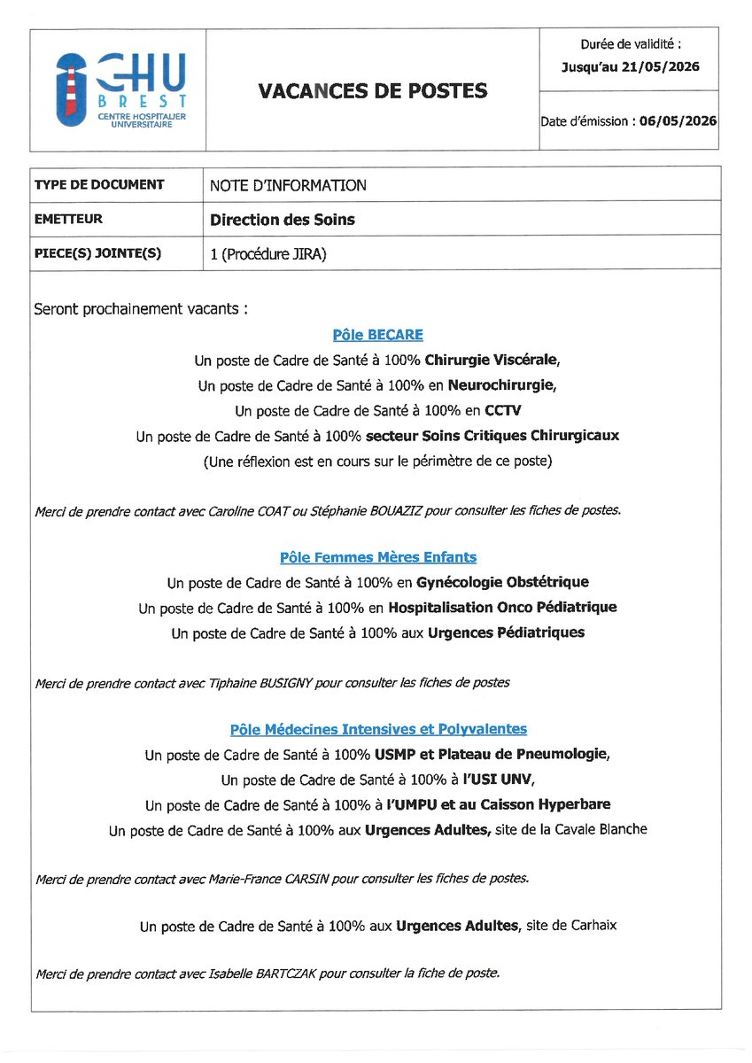 UNSACHUBrest's tweet photo. 🚦Mobilité interne CHU 🚦

🆕Vacances de postes de cadres de santé

🎯Candidatures à réaliser via l'application JIRA jusqu'au 21 mai 2026 https://t.co/iKYiT9KOFN