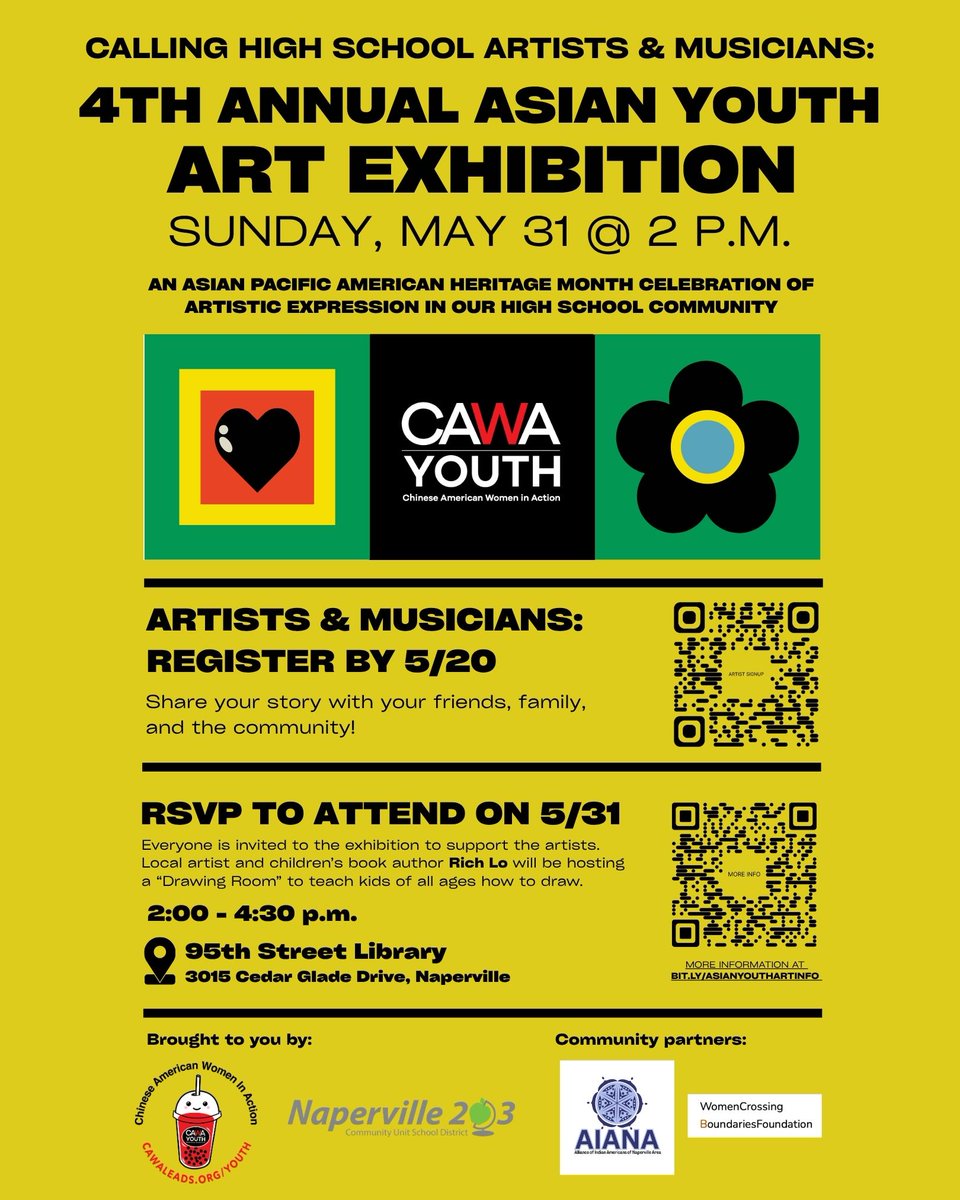 EquityIn203's tweet photo. Naperville 203 is cosponsoring the 4th Annual Asian Youth Art Exhibit w/ CAWA on May 31, 2pm @ the 95th St. Library. All are invited to attend. There will also be a drawing workshop led by local children’s book author and illustrator Rich Lo. RSVP here: https://t.co/rSRjsqmMPx https://t.co/9hWbX8Zq0z