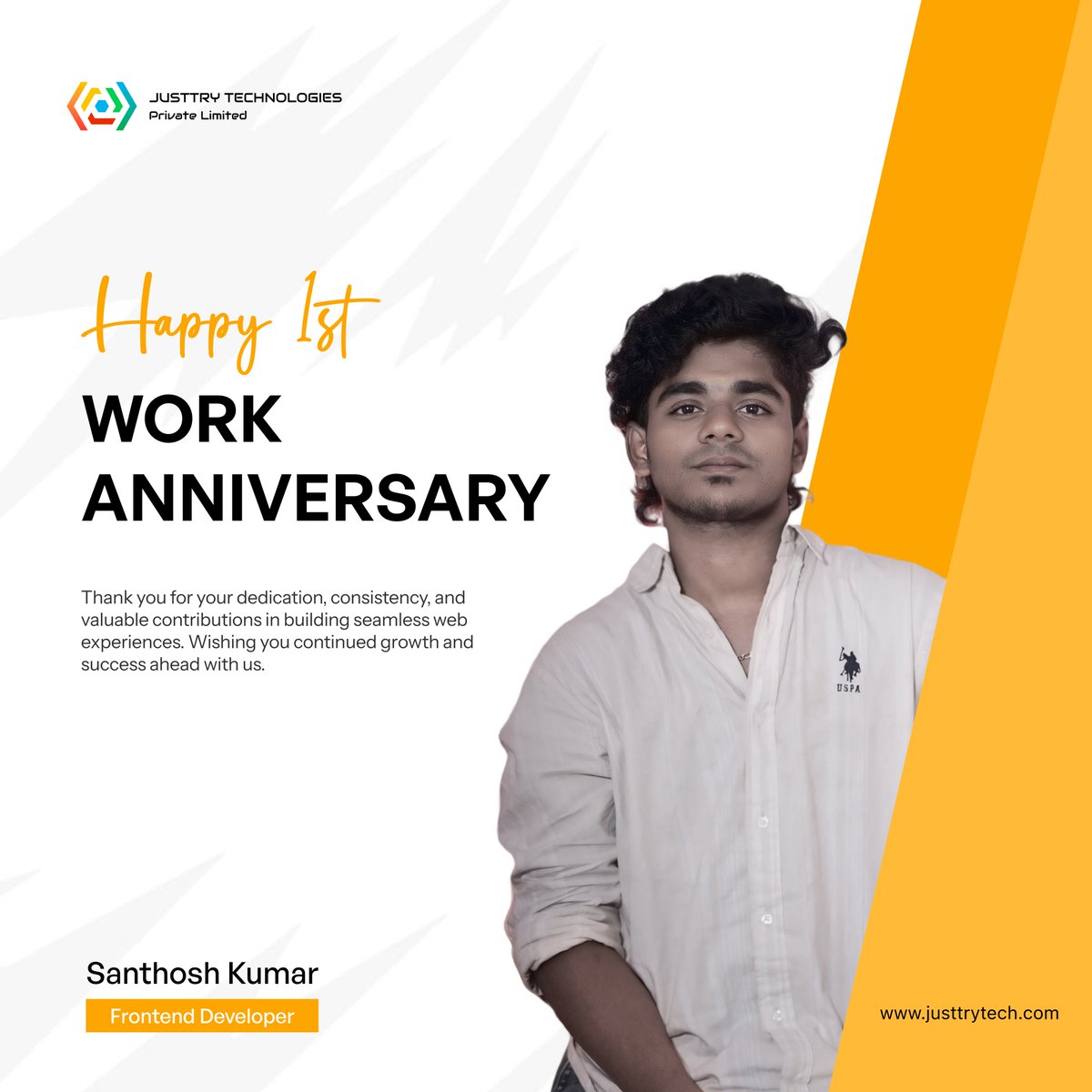 JusttryTech's tweet photo. Happy 1st Work Anniversary, Santhosh Kumar! 🎉

1 year of growth, learning, and impactful work as a Frontend Developer at @JusttryTech .

Keep building, keep growing, keep shining! ✨

#WorkAnniversary https://t.co/0xWepDI9jy