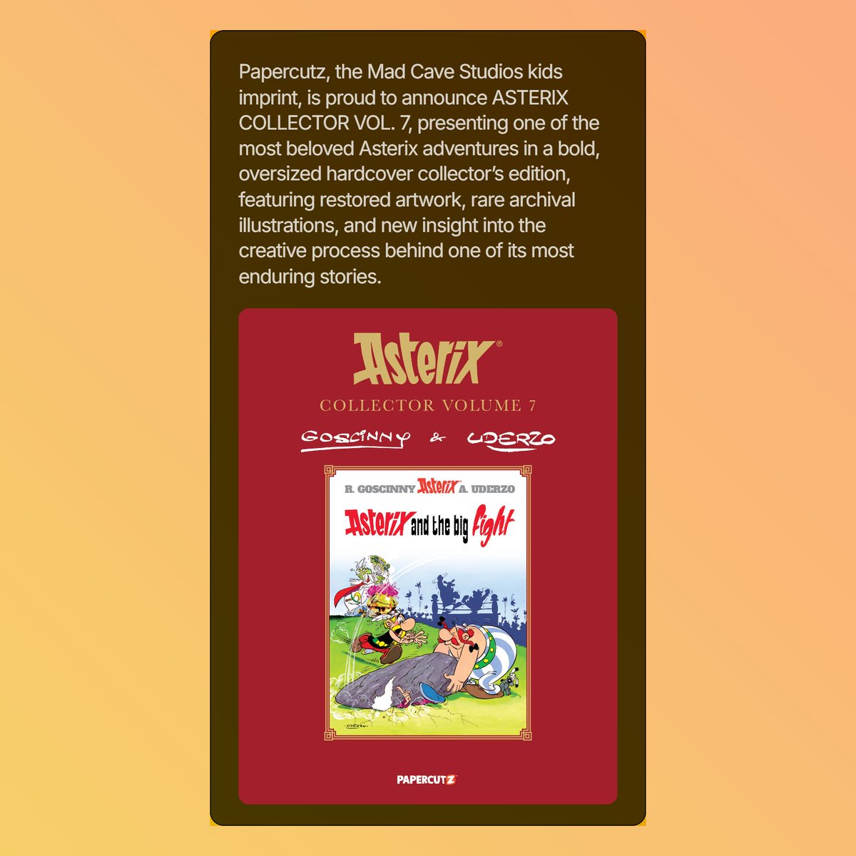 michaeljnimmo's tweet image. The indomitable Gaul is back. Bigger, bolder, and ready to rumble!

Reprinting the classic album Asterix And The Big Fight, Asterix Collector Vol. 7 is coming soon from Papercutz.

comics.3millionyears.co.uk/i/196519622/th…

#Asterix #Papercutz