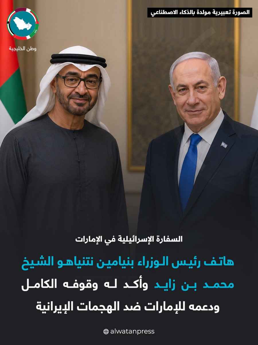 السفارة الإسرائيلية في الإمارات: أدان رئيس الوزراء بنيامين نتنياهو خلال اتصال هاتفي مع الشيخ محمد بن زايد الهجوم الإيراني، مؤكدا وقوفه ودعمه الكامل لأمن واستقرار دولة الإمارات.