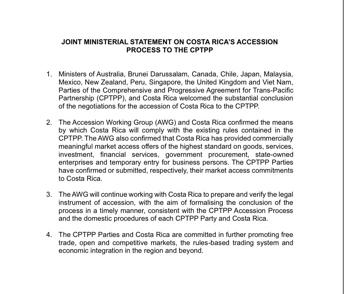 JulianVenturaV's tweet photo. Declaración ministerial conjunta sobre el proceso de adhesión de Costa Rica al #TIPAT #CPTPP.
@MTI_Sg : https://t.co/AsU01ukWv9 https://t.co/ukgh49KsOp