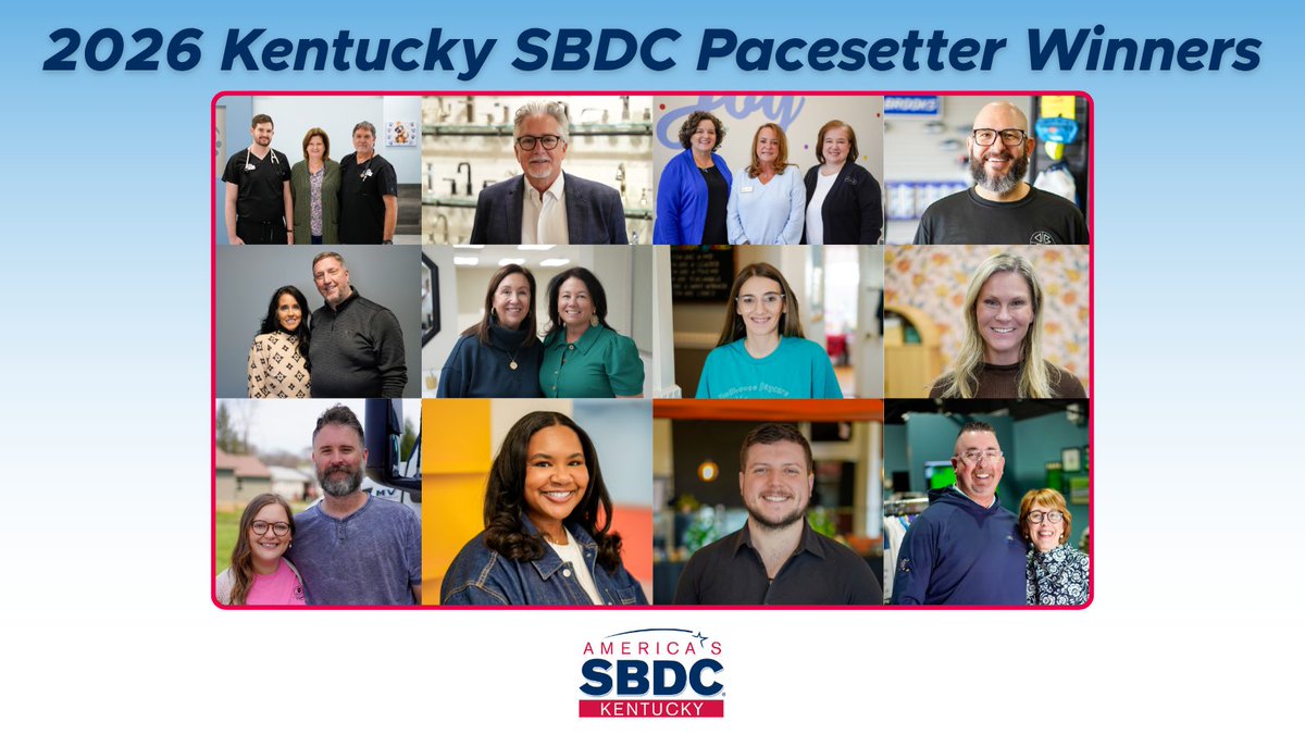 kysbdc's tweet photo. 🎉 We are happy to announce our 2026 Kentucky SBDC Pacesetter Award Winners! Each winner will be celebrated at "Kentucky Celebrates Small Business" next week at the Central Bank Center in Lexington. Congrats to our hardworking entrepreneurs! 🤩

➡️ https://t.co/3lkDtqBvh5 https://t.co/qnbNZPs0BL