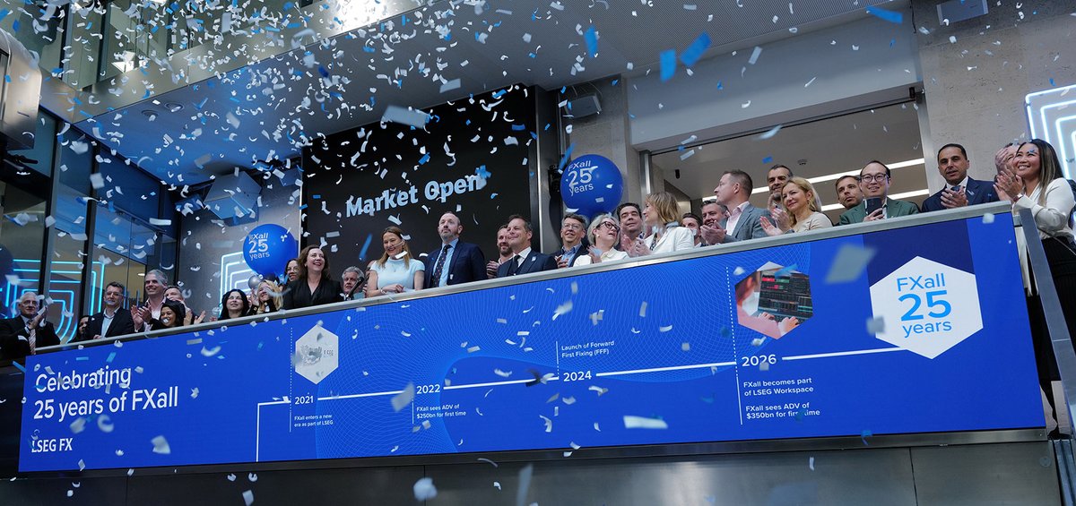 LSEplc's tweet photo. 🎉 Today we’re celebrating 25 years of FXall. From the first trade in 2001 to a platform at the heart of the global FX community, FXall continues to connect institutions and liquidity providers through trusted, efficient FX workflows.
https://t.co/H6HzZ1XYMu
#FXall #MarketOpen https://t.co/b92WiuP0jz